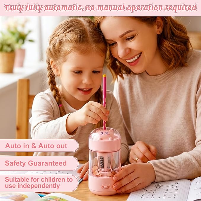 Rechargeable Automatic Electric Pencil Sharpener, Auto in & Out 3 Adjustable Thickness, Type-C Charging, Cute DIY Stickers, for 6-8mm Pencils, 3s Fast Sharpening, Ideal for School & Home (Pink)