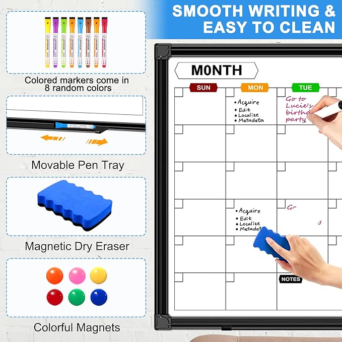 Calendar Whiteboard for Wall 24" x 18", Monthly White Board Calendar Dry Erase with Black Aluminum Frame, Dry Erase Board for Office Home and School