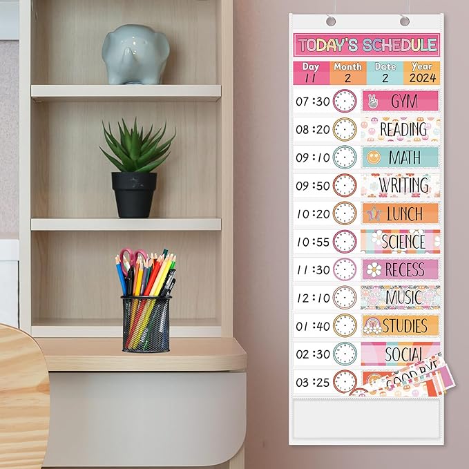 JarThenaAMCS Groovy Daily Schedule Pocket Chart 13 x 35.5 Inch Boho 13 + 1 Pockets Visual Schedule Chart Board with 24 Cards for School Classroom Home Office Supplies