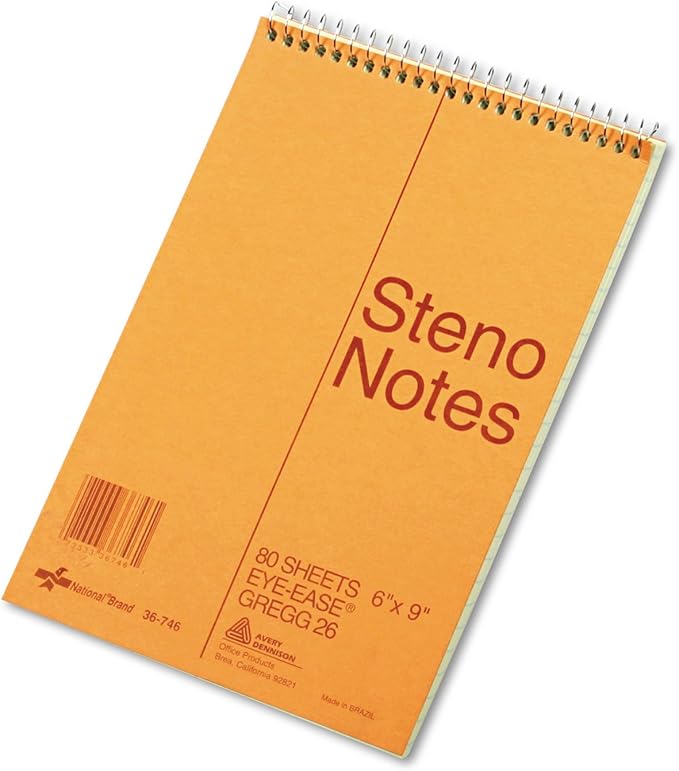 National Standard Spiral Steno Pad, Gregg Rule, Brown Cover, 80 Eye-Ease Green 6 X 9 Sheets