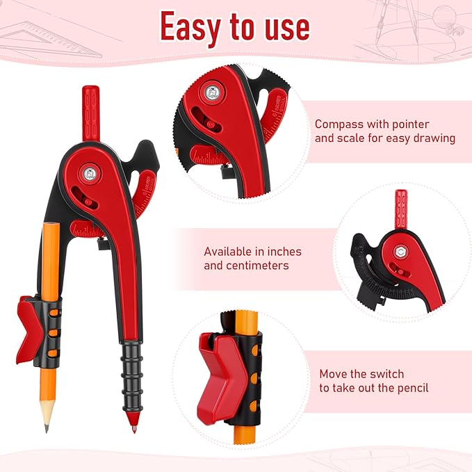Zonon 2 Pcs Student Protractor and Compass, Student Geometry Math Set Drawing Compass and 180 Degree 6 Inch Protractor with Swing Arm for Drawing Measuring School Office (Red)