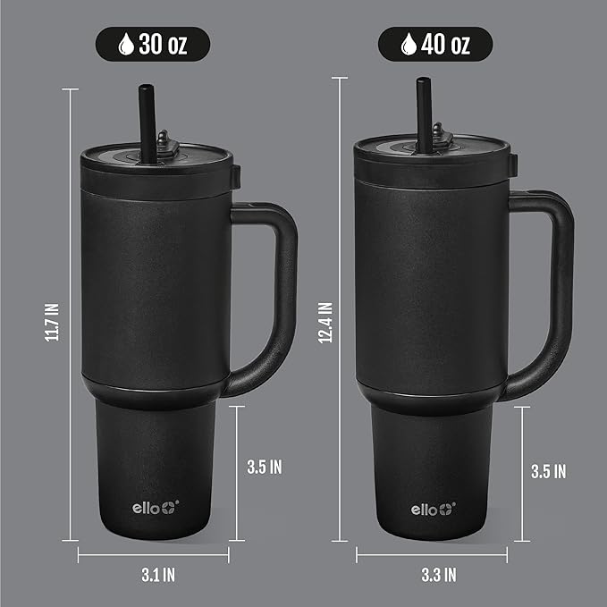 Ello Oasis 40oz Tumbler with Handle & Retracting Straw | Reusable Insulated Stainless Steel Cup 100% Leakproof | Gifts for Teens Women Men | Keeps Cold for 24 Hours | Cup Holder Friendly | Black
