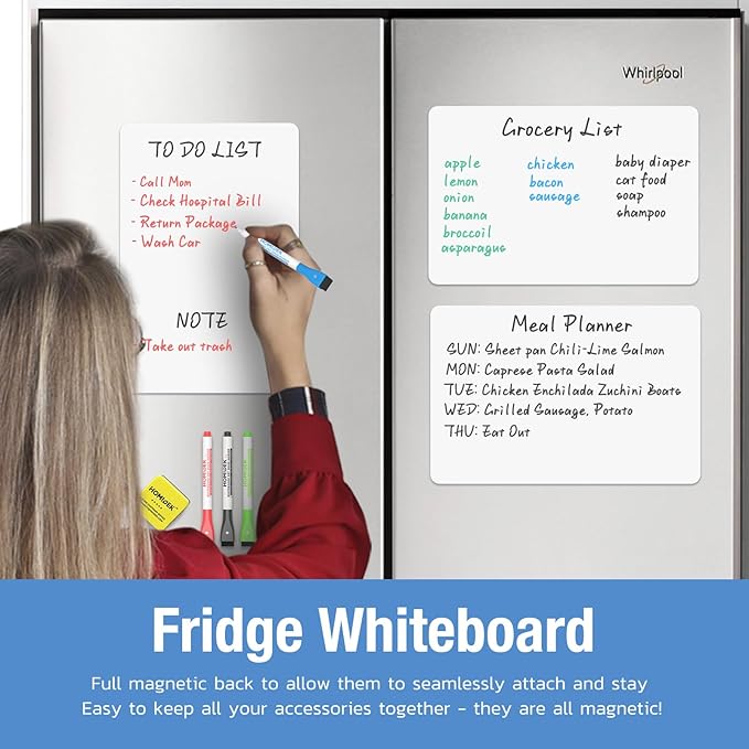 HOMiDEK Magnetic Whiteboard for Fridge, 3 Pack Small Magnetic Dry Erase Boards with 4 Markers & 1 Eraser, Reusable Blank Magnet White Board Sheets for Home, Kitchen, Office, Classroom - 13 x 20