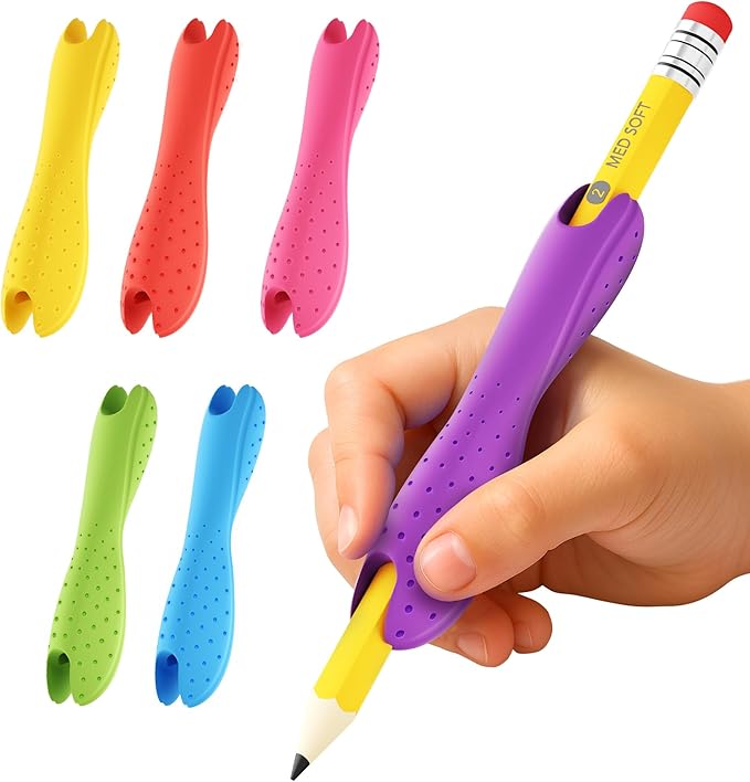 6-Pack Medium Pencil Grips for Kids,Teens,Adults,Comfortable Silicone Holders for Writing &Drawing,Anti-Slip Texture,Dual-Head Design for Left/Right-Handed Use,Improves Grip Control (Assorted Colors)