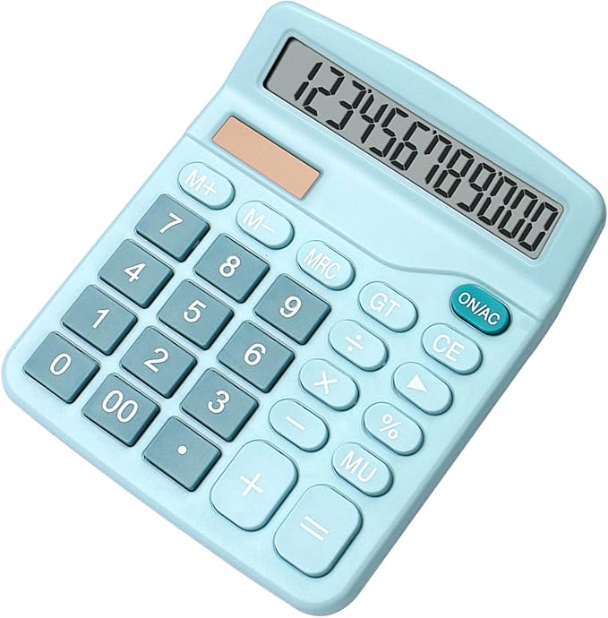 Fdit Solar Calculator, 12 Digit Portable Desktop Calculator with Solar Power and Light Textured Keys, for Students Teachers and Office Workers (Blue)