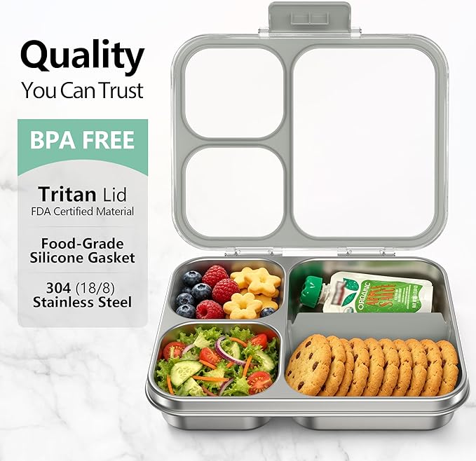 HOMEKOL Stainless Steel Bento Lunch Box, 3-Compartment Leak-Proof Metal Lunch Container for Kids & Adults, BPA-Free, Dishwasher Safe, Clear Tritan Lid, 4.2Cups/1000ml Grey (Not Insulated)