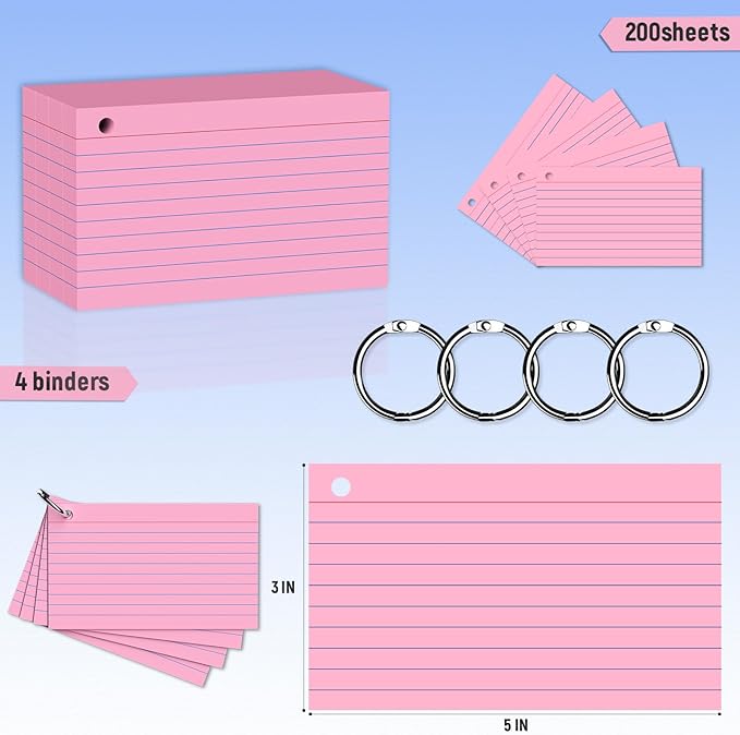 200 Count 3 x 5 Inch Pink Index Cards with Binder Rings, Lined & Blank Study Cards, Thick Cardstock Flash Cards for Students & Teachers, Color-Coded Notecards for School, Home, Work