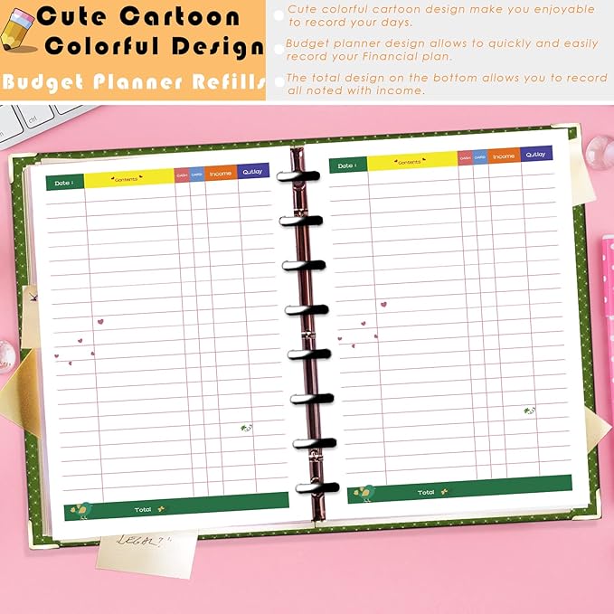 Rancco Junior Budget Planner Refills, 180 Pages 8 Rings Punched Half Letter Financial Paper Inserts w/Index Tabs, Index Dividers, Loose-Leaf Bag, Ruler For Circa, Arc, TUL, Happy Planner, 5.5x8.5"