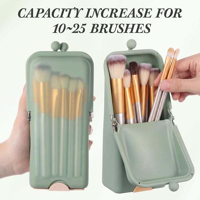 Kacctyen Makeup Brush Case Silicone Standing Makeup Brush Holder,Sage Green | Silicone Make up Travel Bag with Suction Portable Cosmetic Organizer Phone Stand Pouch for Travel Home Back to School Use