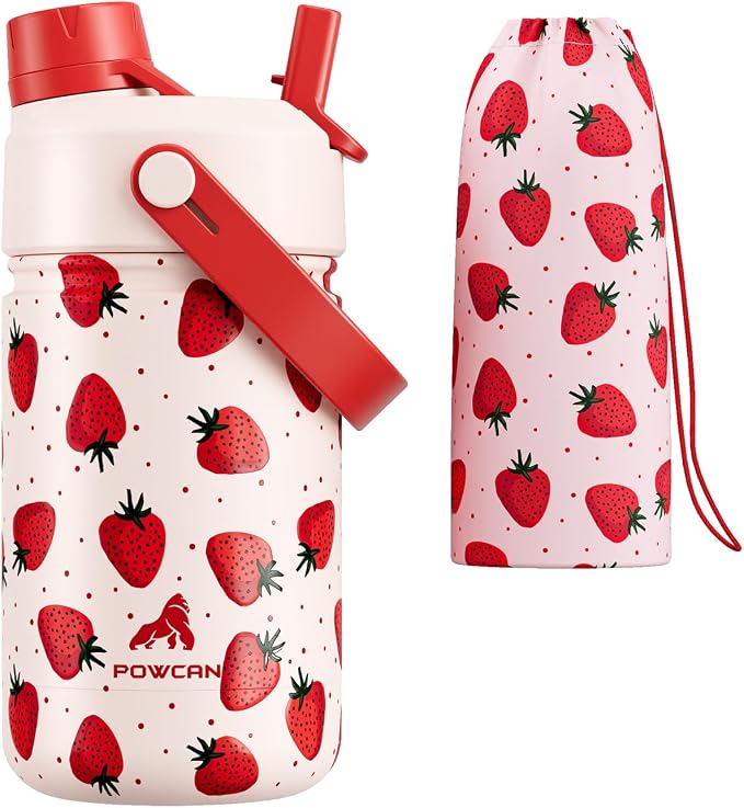 12 oz Kids Metal Water Bottle: 2-in-1 Straw Spout Lid, Spill-Proof, Easy Clean, Keep Cold 24H, Backpack Friendly, BPA-Free Stainless Steel Cup for School, Daycare, Playtime, Gift (Strawberry Squeeze)