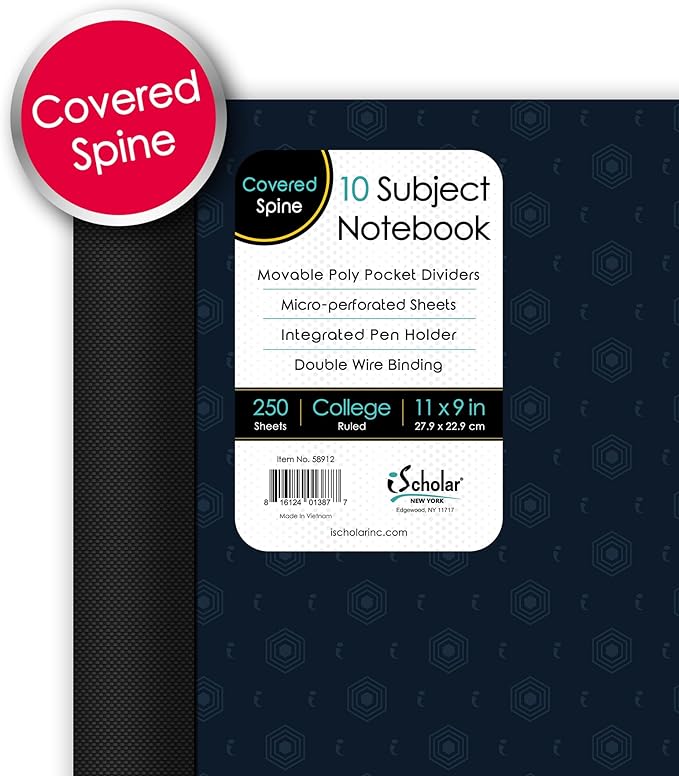 "iScholar iQ Poly Fashion Cover 10 Subject Notebook, College Ruled, 11"" x 8.5"", 250 Sheets, Designs Will Vary (58912)", fashion print dark