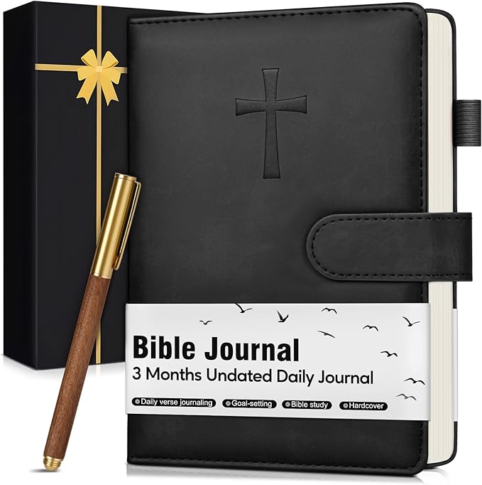 Leather Christian Bible Journal for Men, Prayer Journal for Scripture Study & Daily Devotional, Undated Church Notes Notebook, Jesus Religious Faith Gifts for Pastor, Graduation, Baptism, Black
