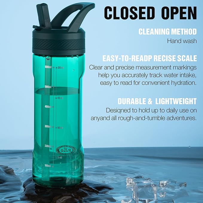 OLDLEY 20oz Kids Water Bottle with Straw, BPA-Free Tritan Water Bottle for School, Leakproof Clear Water Bottle with One Click Open, Measurement Scale, Cup Holder Friendly for Boys Girls,Lagoon