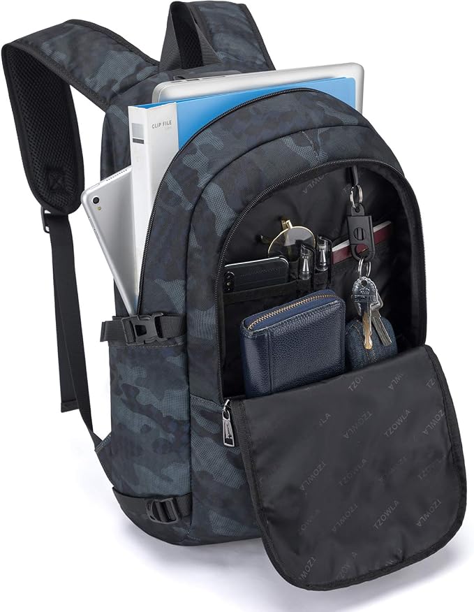 Tzowla Travel Laptop Backpack Water Resistant Anti-Theft Bag with Giant Tumbler Holder Pocket and Lock 15.6 Inch Computer Business Backpacks for Women Men Work College Gift,Casual Daypack(BlueCamo)