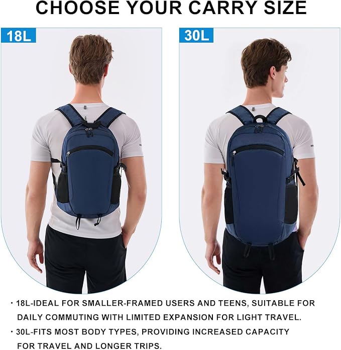 Lightweight Hiking Backpack 30L Packable Foldable Daypack Collapsible Travel Bag Water-Resistant for Women Men (Navy Blue)