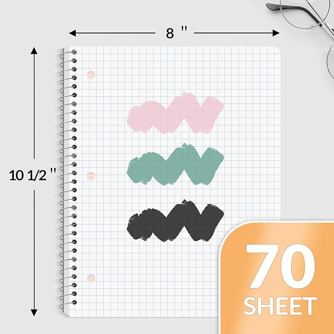 SUNEE Spiral Notebook, 1-Subject, Graph Ruled Paper, 8" x 10-1/2", 70 Sheets, 5 Squares per inch Spiral Grid Notebooks for Work, Home, School, Writing, Black