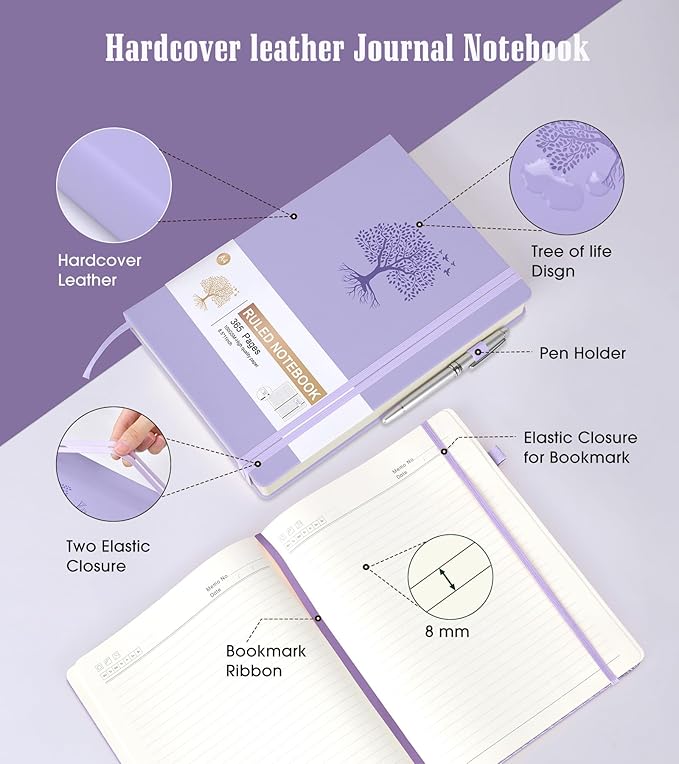 Lined Journal Notebook, 365 Pages A4 Large Journals for Writing Ruled Notebook, Hardcover Leather Journal for Women Men, Daily Journal Notebook for Work, Note Taking, 100Gsm Paper ( 8.5" x 11" Purple)