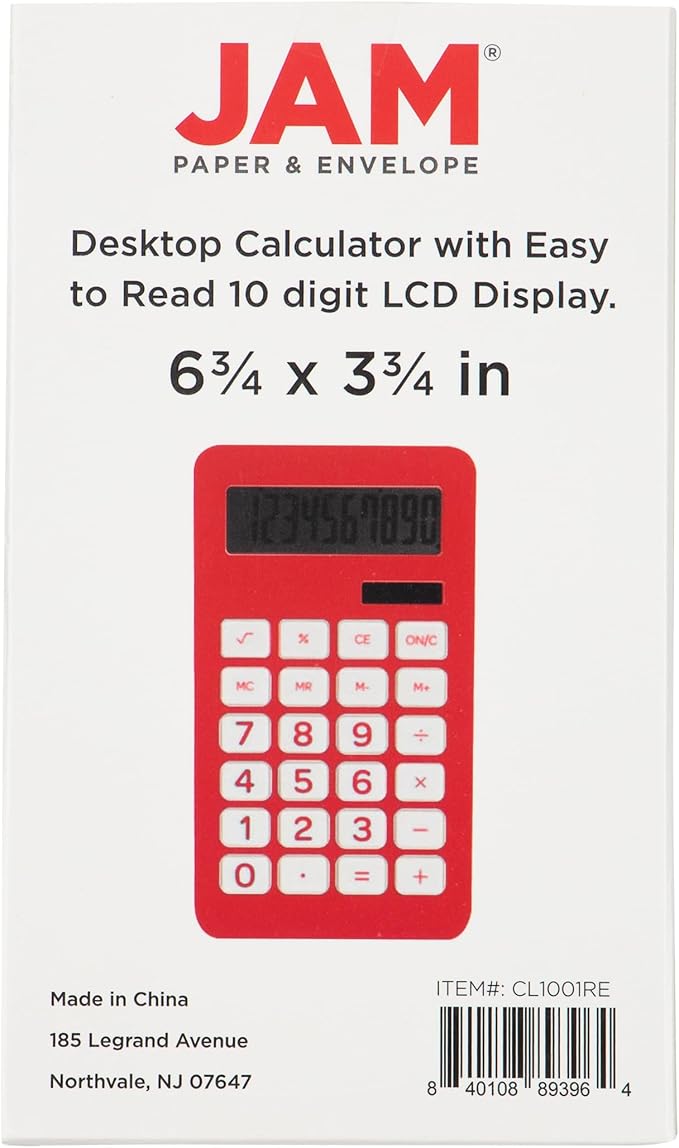 JAM PAPER Desktop Calculator - 10 Digit LCD Display - 3 3/4 x 6 3/4 Inches - Red - Bulk 10/Pack