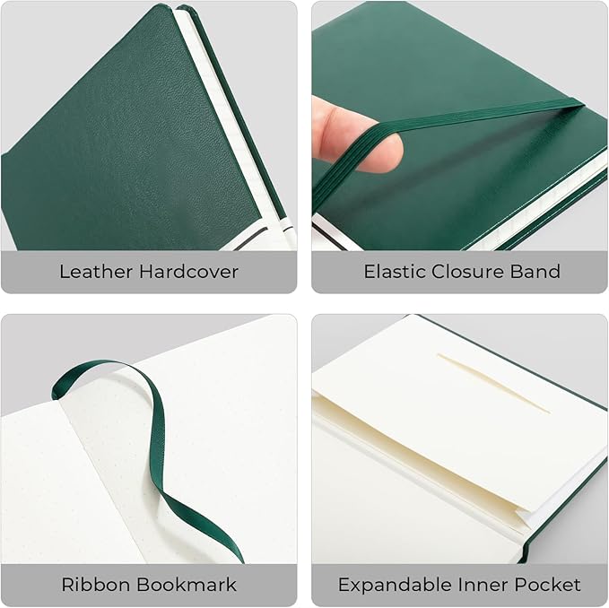 M&G Dotted Journal Notebook, 160 Pages, A5 Medium Size 5.6" x 8" for Men Women, 100GSM Thick College Ruled Paper Bullet Journal for Note Taking, Work & Office, Leather Hardcover, Green