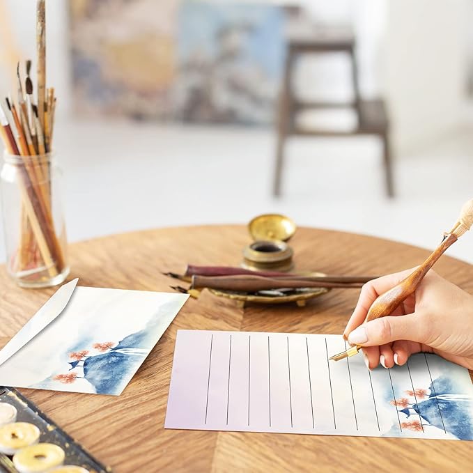 Geyee 200 Pieces Watercolor Stationary Paper and Envelopes Include 100 Lined Sheets and Envelopes, 5. 5 x 8. 25 Inch Double Sided Printing Letter Writing Paper with Mailers(Landscape)