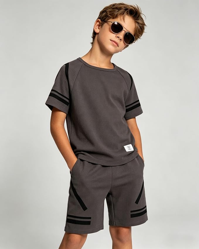 Cakaner Tween Boys Clothes Summer Simple Print T-Shirt And Shorts Set 2 Pieces Teen Trendy Outfits Size 7-14 Year