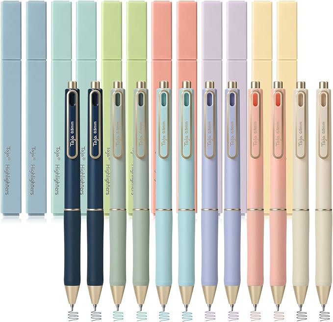 Taja 24 Pack Aesthetic Highlighters and Gel Pens Set, 12 No-Bleed Pastel Highlighters and 12 Multi Ink Pens for Bible Study, Journaling, School and Office Supplies