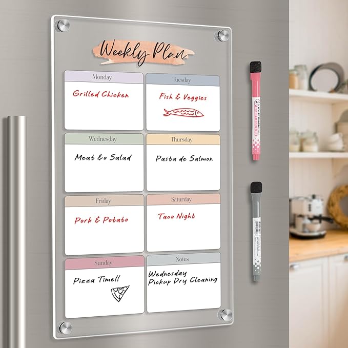 Magnetic Acrylic Weekly Dry-Erase Board -8x12 Inch Fridge Calendar Organizer, Color-Block Design for Clear Visual Planning, with Erasable Magnetic Markers, Ideal for Workers, Students, Home, Office