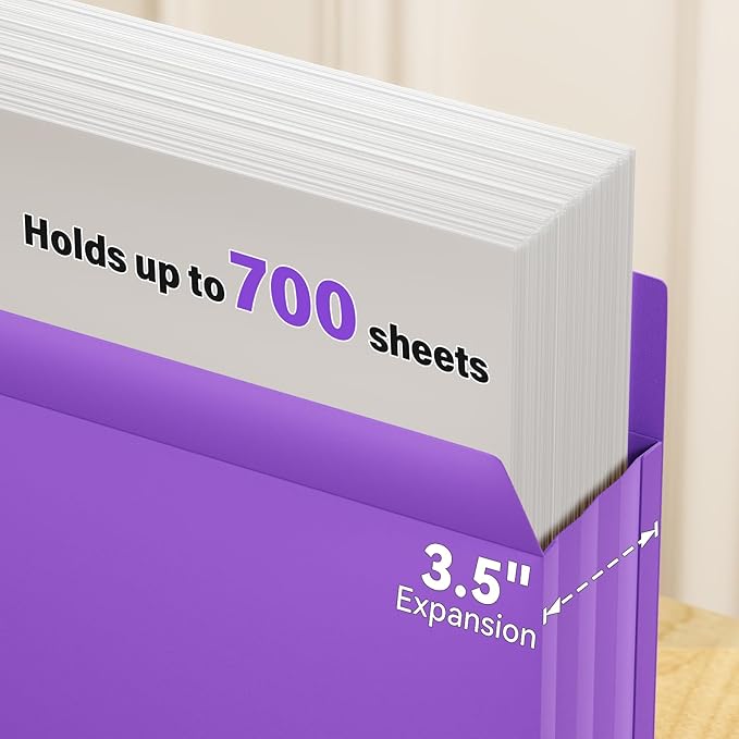 Ansook Poly 3.5”Expandable File Pockets,6 Pack Extra Capacity File Pockets Folders,Letter Size File Pockets,Heavy Duty File Pocket with Straight-Cut Tab,Holds 8.5" x 11" documents & Manila Folder