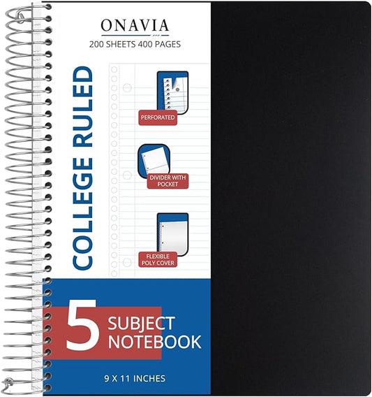ONAVIA 5 Subject Spiral Notebook, 1 Pack, College Ruled, 9 x 11 in, 200 Sheets, Poly Cover, 3-Hole Punched with Dividers and Pockets for Classroom Study, Black