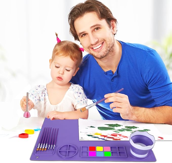 DIYDEC Silicone Art Mat 20x16 Inch - Large Silicone Painting Mat with Detachable Cup, 10 Painting Brushes, 5 Sponge Brushes - Kids & Adult DIY Accessories (Purple)