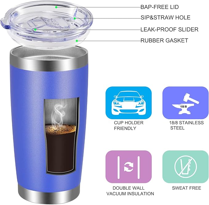 VEGOND 20oz Tumbler with Lid and Straw Stainless Steel Tumbler Cup Vacuum Insulated Double Wall Travel Coffee Mug Powder Coated Coffee Cup, Blue, 1 Pack