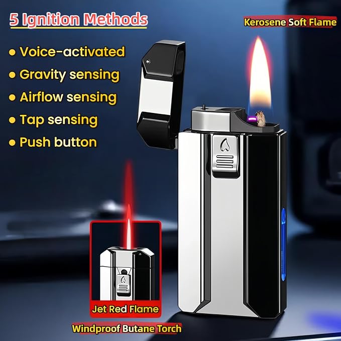 Smart Dual-Fuel Dual-Flame Lighter, Windproof Red Butane Torch & Kerosene Soft Flame, Arc Induction Ignition, Multiple Ignition Modes, Refillable & Rechargeable Lighters (Fuel Not Included)