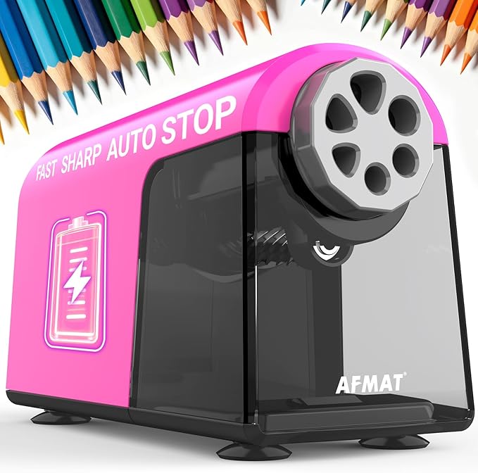 AFMAT Electric Pencil Sharpener for Classroom, 6 Holes, Cordless & Rechargeable, Fast Sharpen, Auto Stop, 10K+ Uses, Heavy Duty Pencil Sharpener for 6-11mm No.2/Large/Colored Pencils PSD2(Pink)