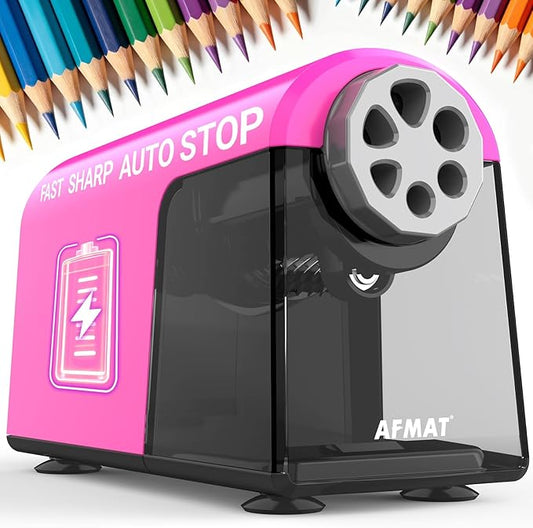 AFMAT Electric Pencil Sharpener for Classroom, 6 Holes, Cordless & Rechargeable, Fast Sharpen, Auto Stop, 10K+ Uses, Heavy Duty Pencil Sharpener for 6-11mm No.2/Large/Colored Pencils PSD2(Pink)
