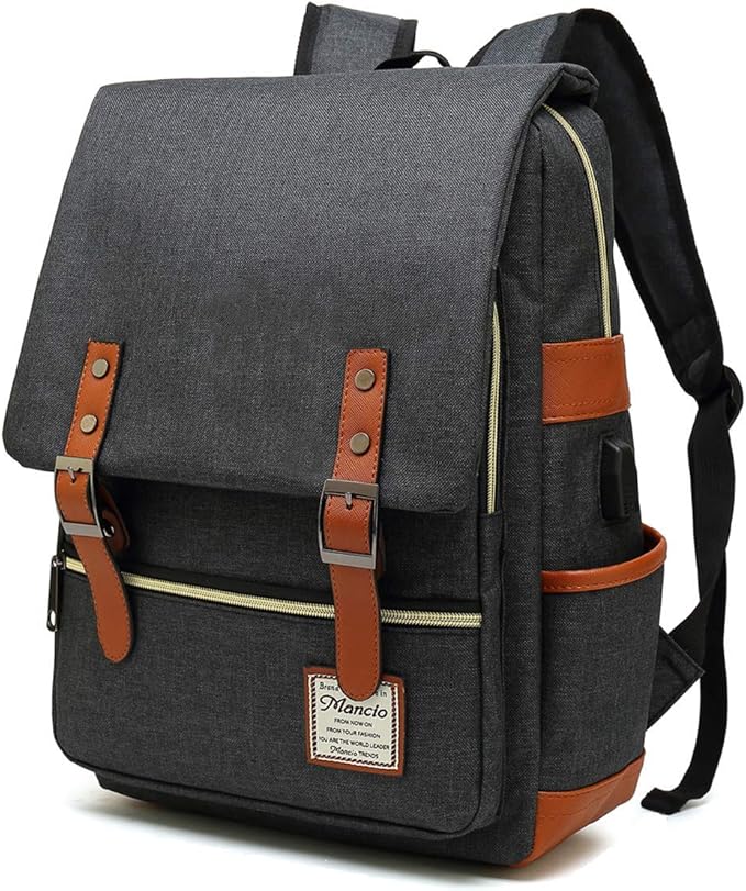 Mancio Vintage Laptop Backpack with USB Charging Port, Slim Tear Resistant Business Backpack for Travelling, College, Daypacks for Men,Women, Fits up to 15.6Inch Notebook in Black