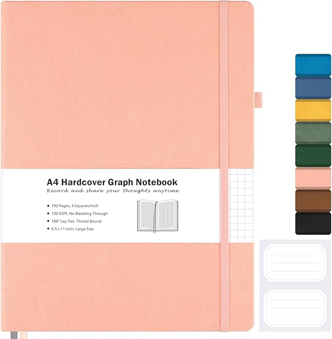 Graph Paper Notebook, Hardcover Notebook 8.5 x 11, Grid Notebook Journal for Women, Men, Large Leather Journals for Writing, Thick Paper, A4 Notebooks for Work, School Supplies, Engineering Pink