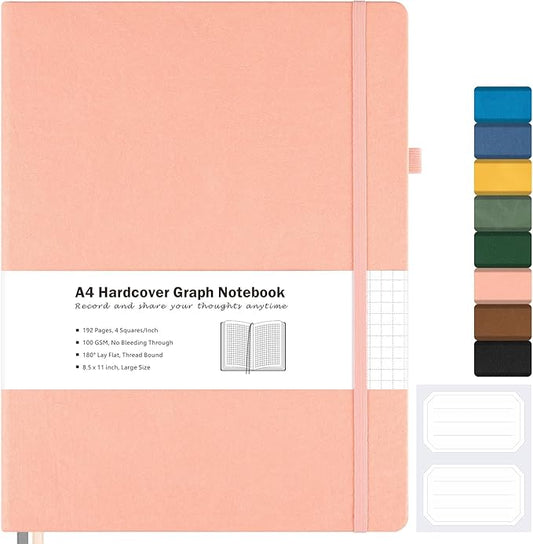 Graph Paper Notebook, Hardcover Notebook 8.5 x 11, Grid Notebook Journal for Women, Men, Large Leather Journals for Writing, Thick Paper, A4 Notebooks for Work, School Supplies, Engineering Pink