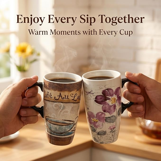 Topadorn 2-Pack 17oz Ceramic Travel Coffee Mugs with Lids & Handles, Floral Vintage Coffee Cups, Microwave & Dishwasher Safe, Gift Box Set