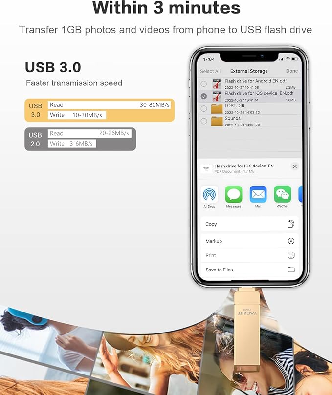 MFi Certified 512GB Flash Drives 3.0 High Speed 3ni1 USB Stick External Storage Compatible for iPhone/PC/iPad/Android/More Devices for Photos and Videos Transfer Storage Backup(Gold)