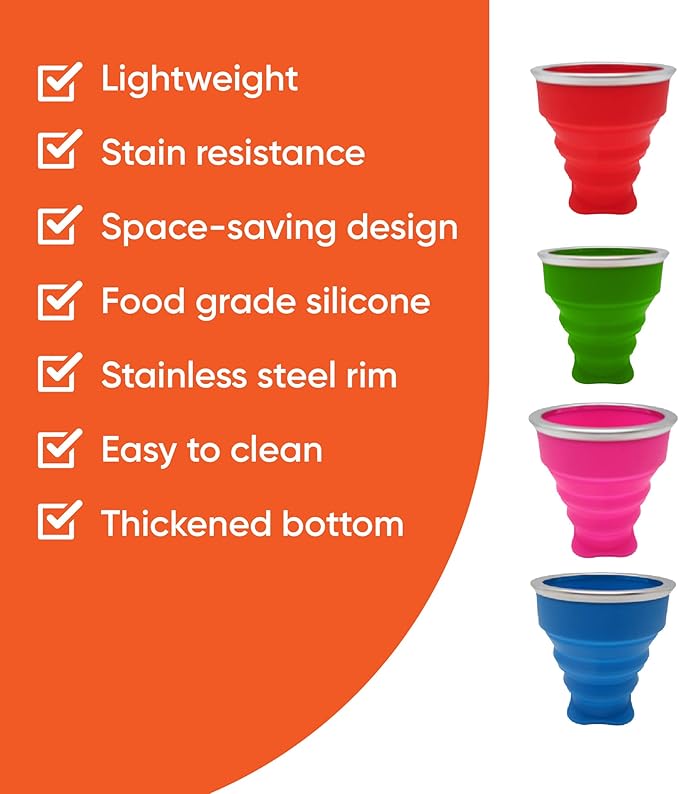 Gadgetime USA Collapsible Drinking Cup (Pack of 4) - Reusable Travel Mug - Silicone Drinking Glass for Hiking, Picnic, Camping & More - Small Portable cup for Outdoors - Folding Cups with Lids