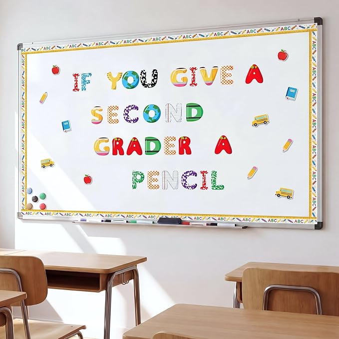 221 Pcs Pencil Apple Ruler Bulletin Board Letters, Round Alphabet Number Punctuation Symbol Combo Letter Cutouts, Colorful Classroom Decor for Summer School Classroom Chalkboard Poster Wall