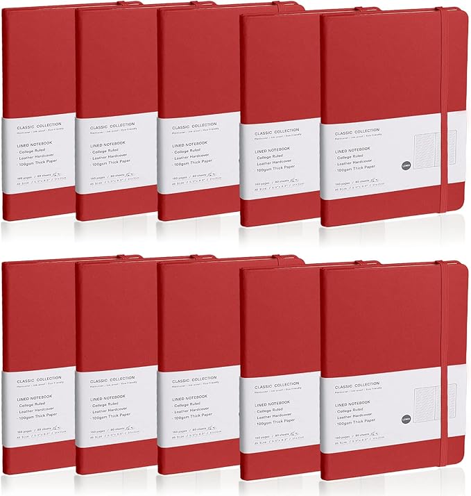 Lined Journal Notebook, 10Pack Hardcover Notebook for Men & Women – Journals for Writing, Work, School, Home & Daily Notes, 160 Pages – Medium A5, 5.7"x8", 100 gsm Thick Paper (Red)