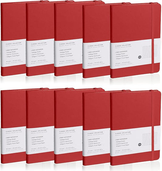 Lined Journal Notebook, 10Pack Hardcover Notebook for Men & Women – Journals for Writing, Work, School, Home & Daily Notes, 160 Pages – Medium A5, 5.7"x8", 100 gsm Thick Paper (Red)