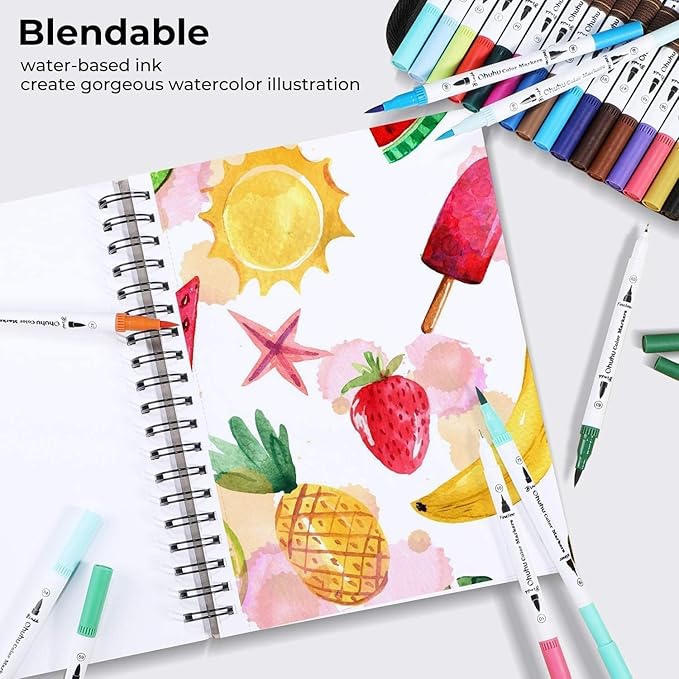 Ohuhu Markers for Adult Coloring Books No Bleeding 36 Colors Coloring Markers Water-based Dual Tips Fineliner & Brush Drawing Pens Art Pens for Kids Adults Sketch Journal - Maui - White