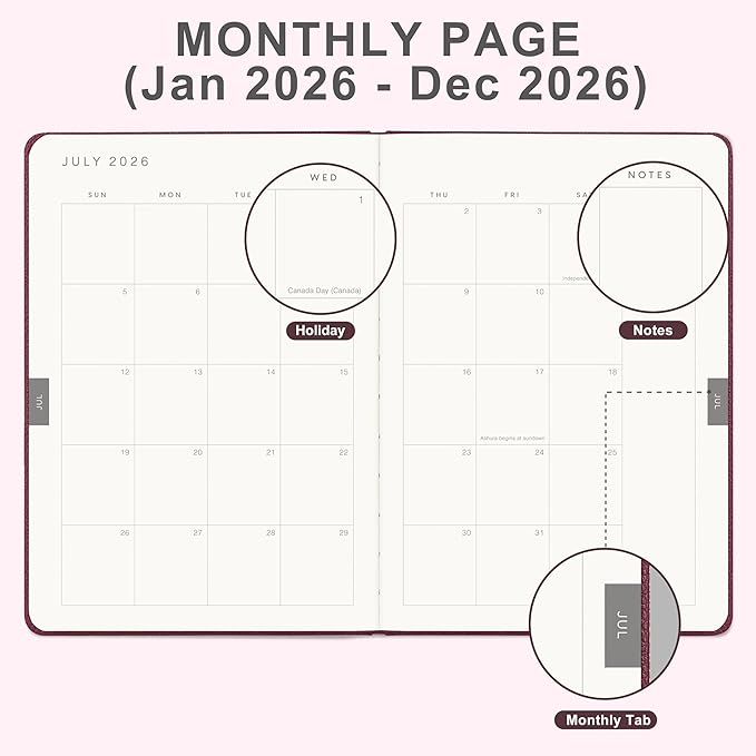 And Per Se 2026 Planner-Daily, Weekly & Monthly Leather Hardcover Planner, 5.7" x 8", Daily Schedule, 100 GSM Thick Paper, Back Pocket(Dark Red)