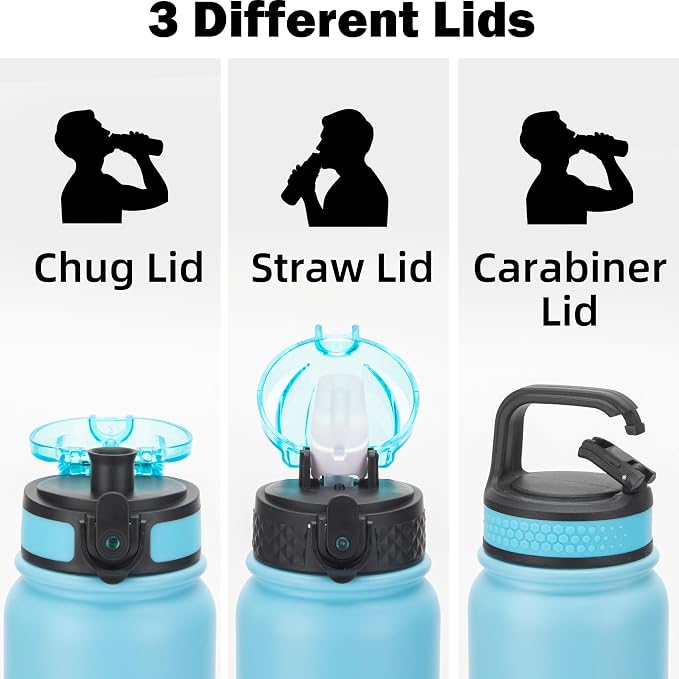 Oldley Insulated Water Bottle 20oz Water Bottles with Straw, Stainless Steel Water Bottle with 3 Lids, Double Wall Vacuum Bottels for Adults School Kids,Leak-Proof Sport Bottles, Ombre Blue-purple
