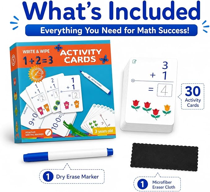 Write & Wipe Activity Cards for Kids, Reusable Tracing Flash Cards, Preschool Handwriting Practice Set, Letter Number Math Learning Activities Ages 3-6 (Addition and Subtraction)