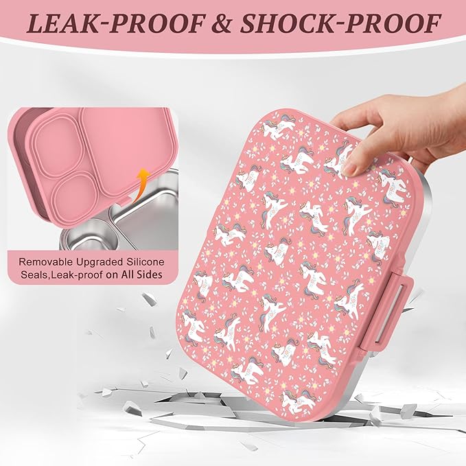 LOHASOK Stainless Steel Kid Lunch Box, Leak-Proof with free sealing Bento Box 3 Compartments Pink Girl