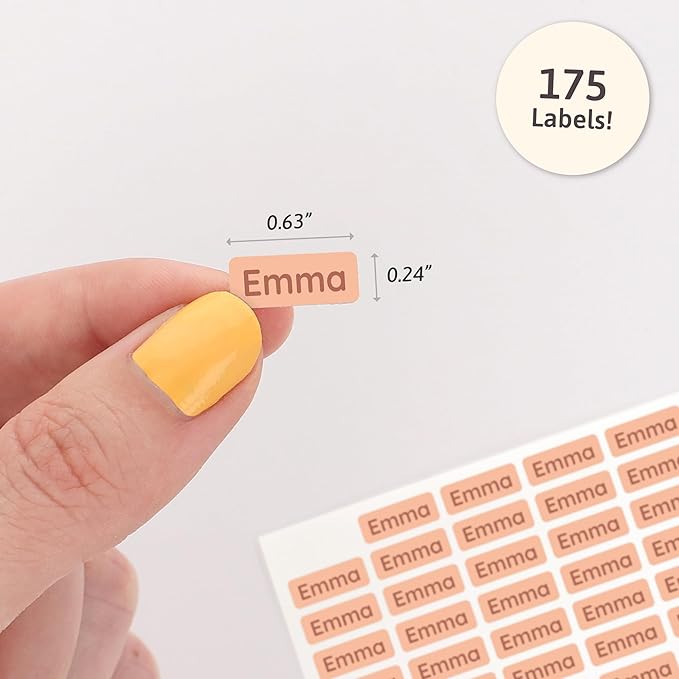 Mini Name Labels (175) - Custom Personalized Name Labels for Labeling Tiny Items, Washer and Dryer-Safe Waterproof Labels for Daycare, Preschool, and School - Peach