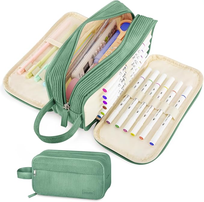 Cute Big Pencil Case Pouch Bag with Handle for Teen Girls Boy Gift | Large Capacity 4 Compartment Multiple Pockets Corduroy Aesthetic Pen Bag Pouch Organizer for School College Supplies,Green